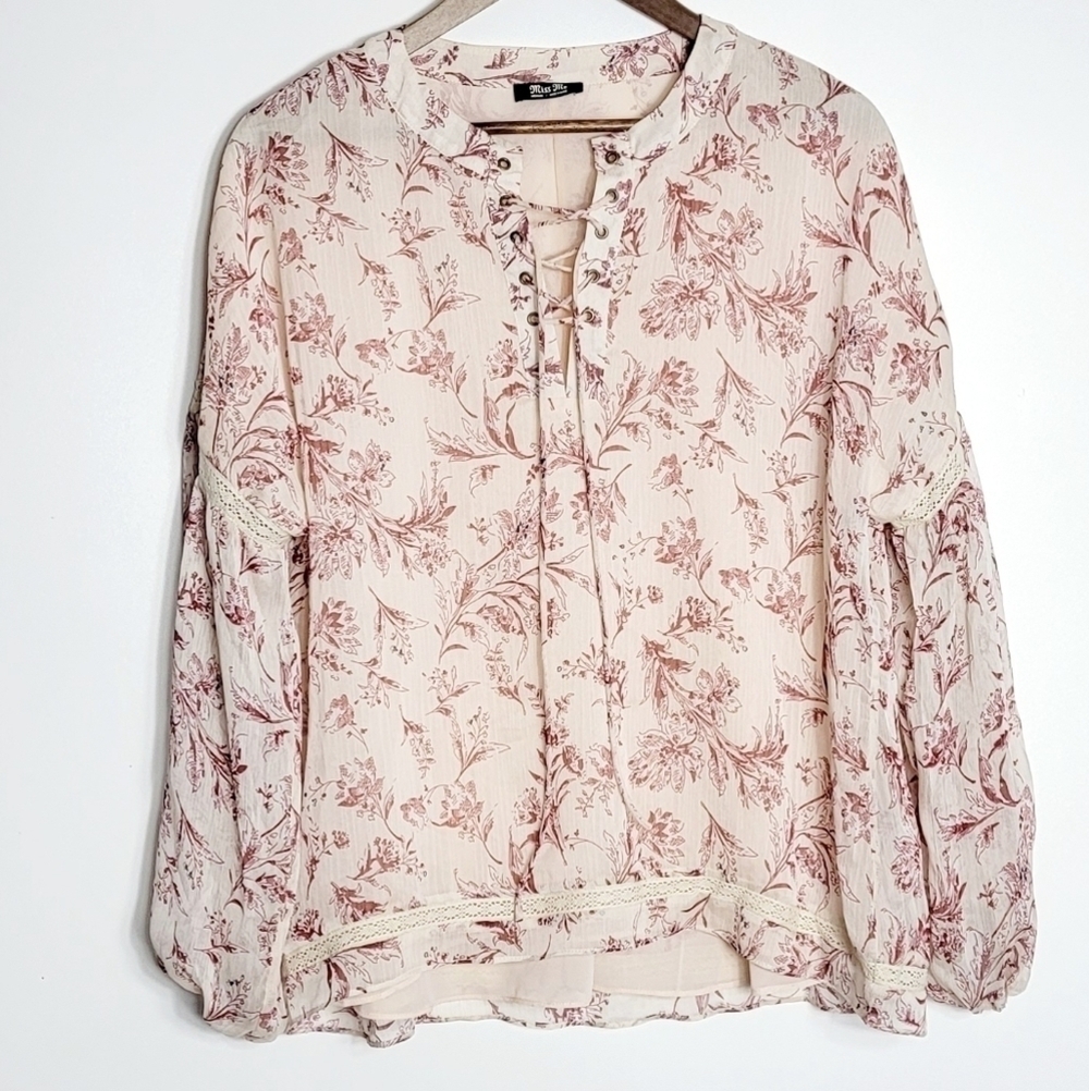 Miss Me Floral Boho Tie Women's Pullover Long Sleeves Women's Blouse Size M